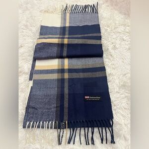 Cashmere Scarf Scotland Plaid Fringe Navy Cream